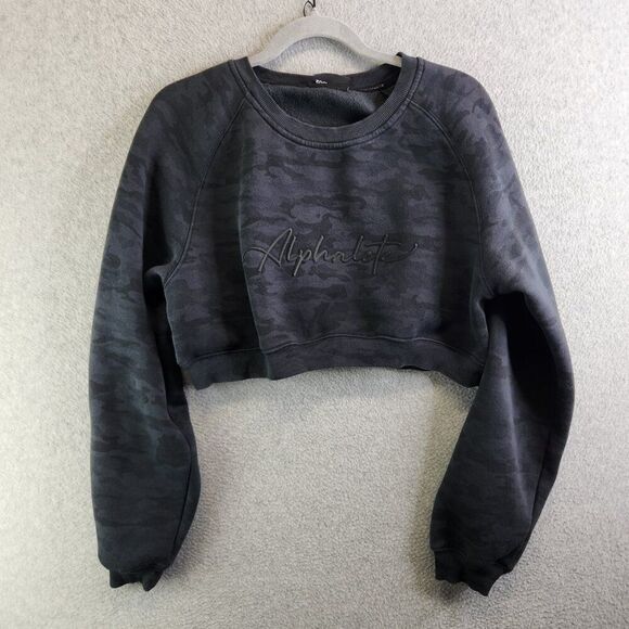 Alphalete Sweatshirt Womens M Gray Camo Cropped Fleece Logo Gym Lifting Crop - Picture 4 of 16